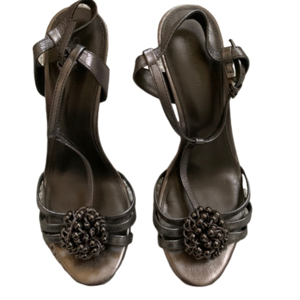Calvin Klein pewter grey open toe low heels